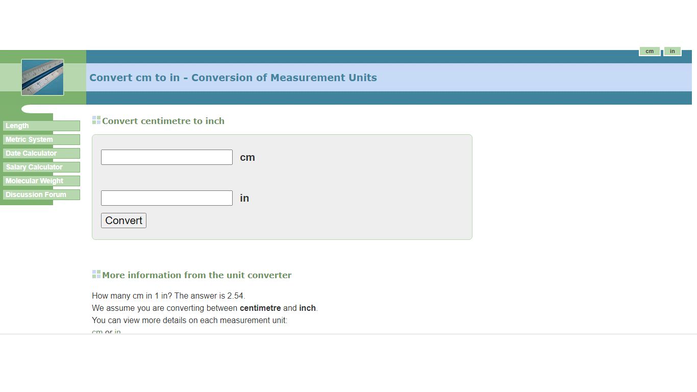 Convert cm to in - Conversion of Measurement Units