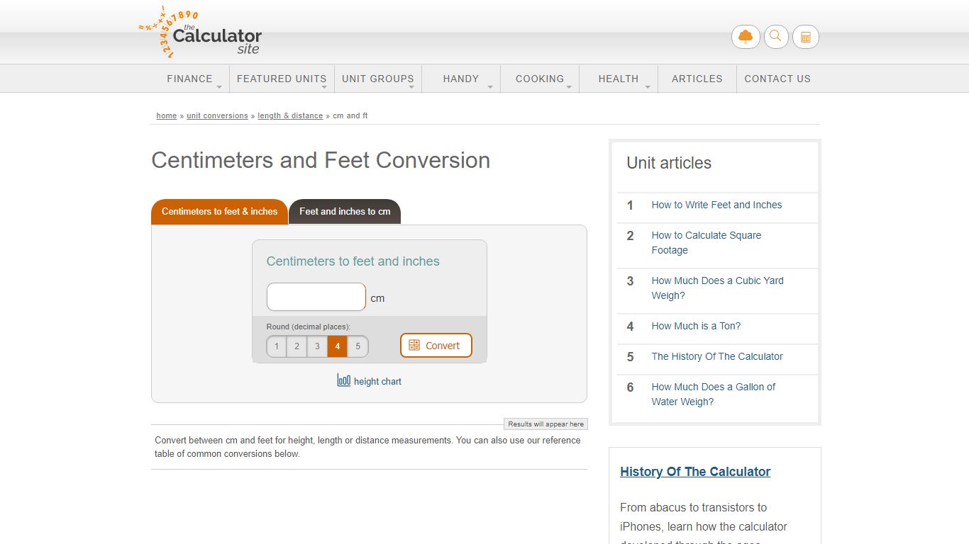 Cm to Feet+Inches Conversion (cm and ft) - The Calculator Site